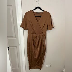 Pretty garden Chic Brown Faux Wrap Midi Dress,medium